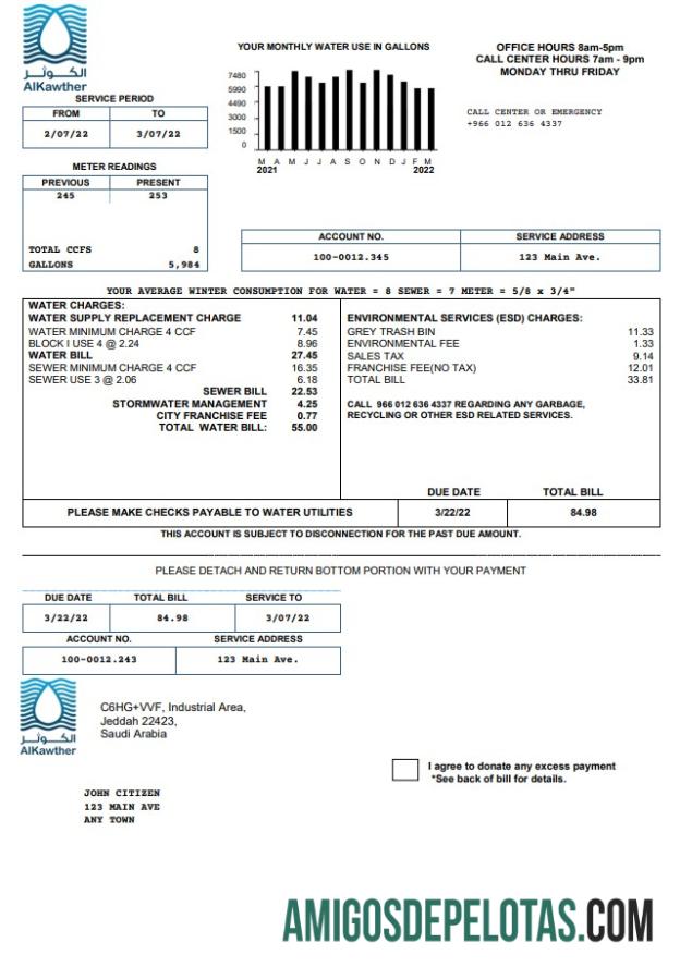 imprimível Projeto de lei de serviços públicos AlKawther da Arábia Saudita, modelo Word e PDF